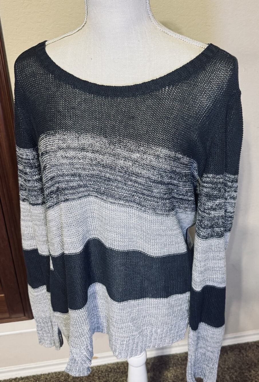 Eileen Fisher Gray Striped Organic Linen Sweater Sz L Lightweight Classic